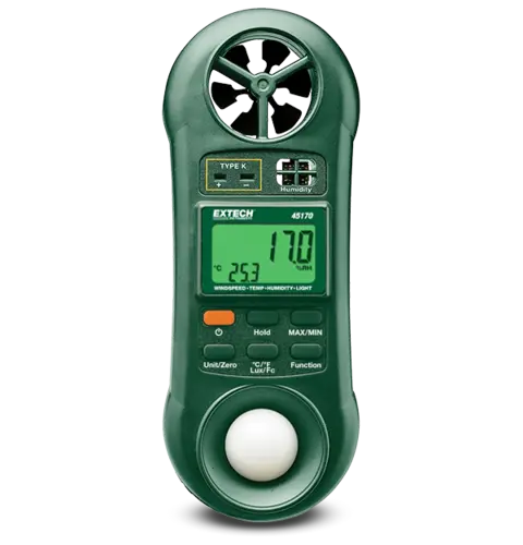 Extech 45170 4-i-1 miljømåler Luftfuktighet, temp, lufthastighet, lys 