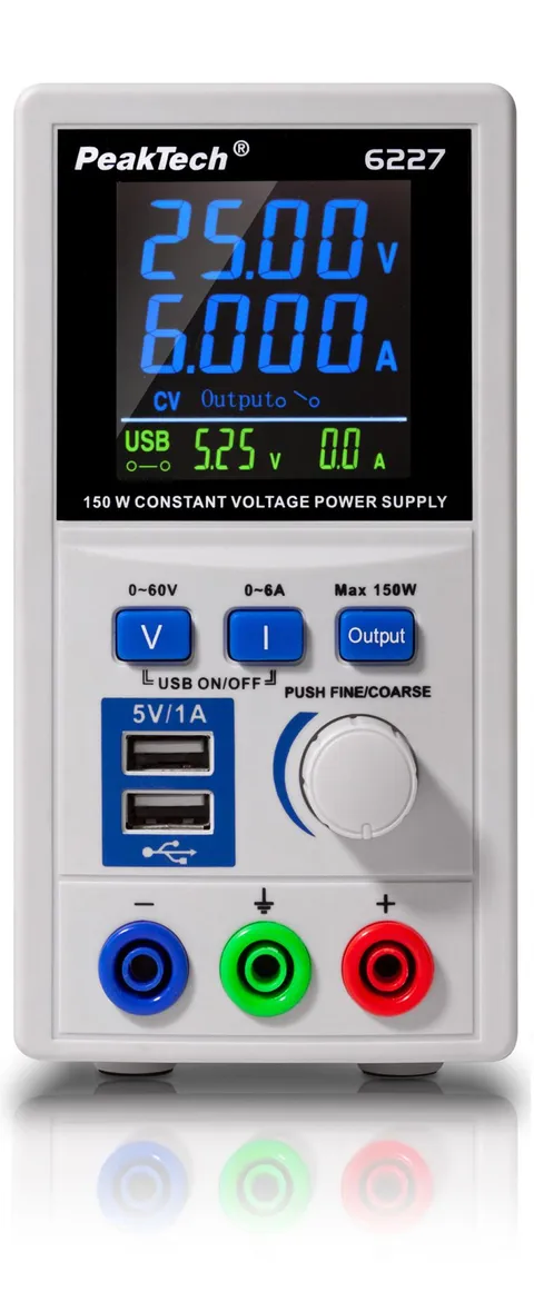 PeakTech® P 6227» DC-strømforsyning 0–60 V / 0–6 A med 2 x USB