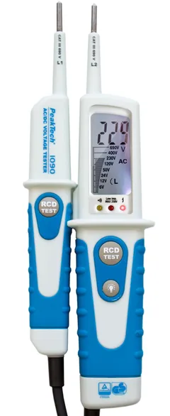PeakTech&#174; P 1090&#187; AC/DC spenningstester med jordfeilbrytertest og LCD-skjerm