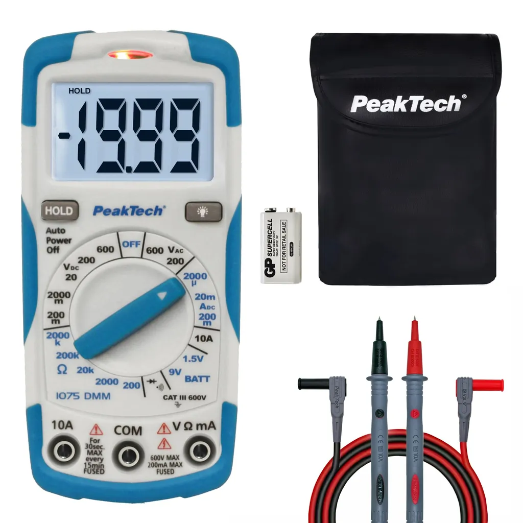 PeakTech 1035 – RMS digitale multimeter CAT III met display licht, batterijtester, spanningsmeter, handmultimeter, meetinstrument, voltmeter, elektronische stroommeter, doorgangsmeter – max. 600 V