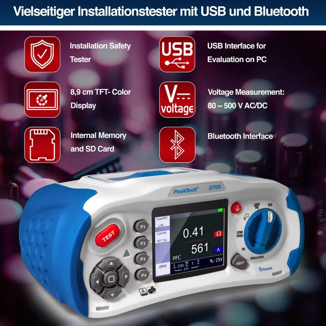 PeakTech® P 2755» Installasjonstester Sikkerhetstester for installasjon 