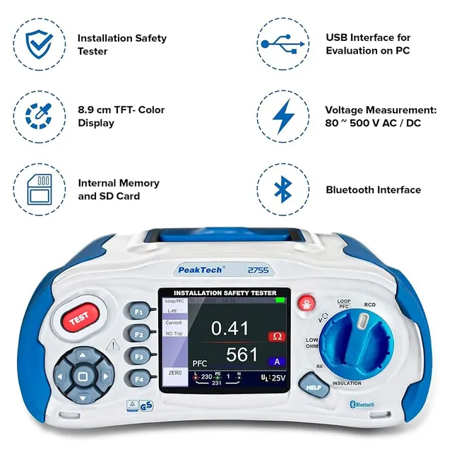 PeakTech® P 2755» Installasjonstester Sikkerhetstester for installasjon 