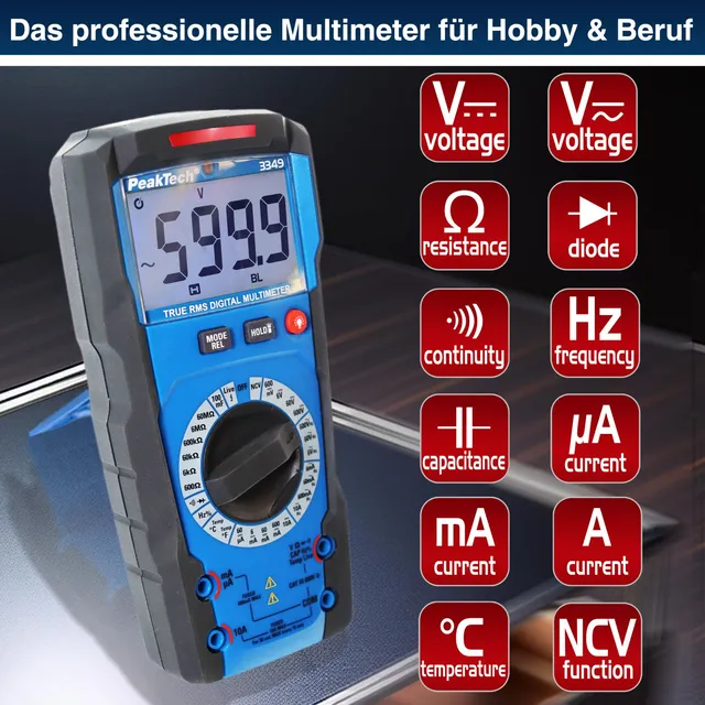 PeakTech® P 3349» Digitalt multimeter TrueRMS 6000 tellinger, manuel 