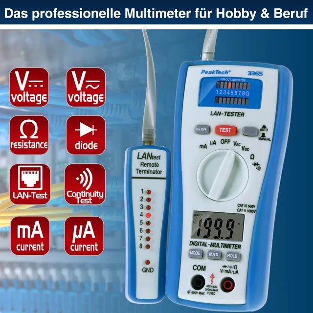 PeakTech® P 3365» Digitalt multimeter 2000 tellinger, med LAN-tester 