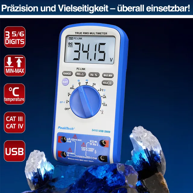 PeakTech® P 3415» Digitalt multimeter 6000 tellinger, TrueRMS og USB 