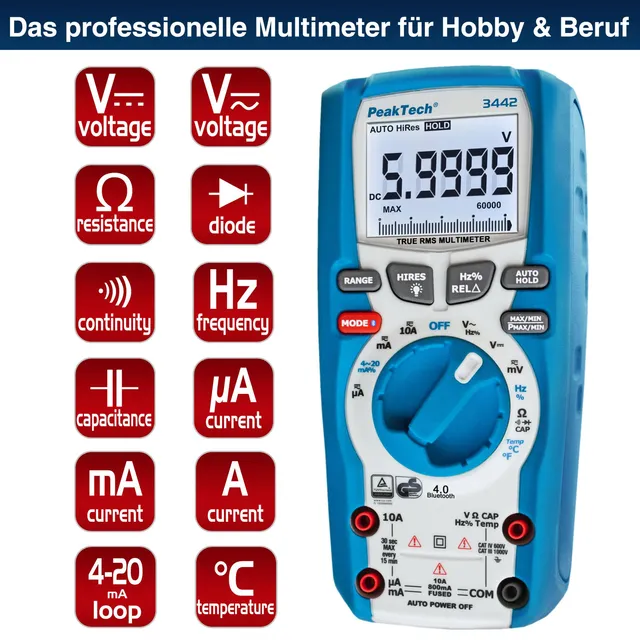 PeakTech® P 3442» Digital multimeter TrueRMS 60.000 Counts ~ 1000V AC/DC 