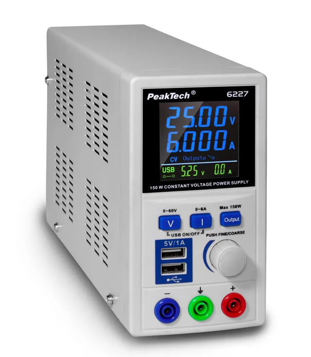 PeakTech® P 6227» DC-strømforsyning 0–60 V / 0–6 A med 2 x USB 