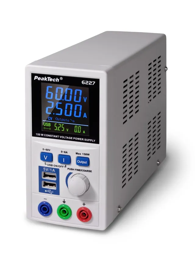 PeakTech® P 6227» DC-strømforsyning 0–60 V / 0–6 A med 2 x USB 