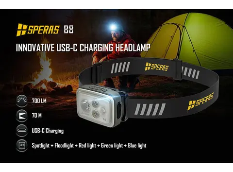 Speras B8 hode / arbeidslykt 700lm / 70 meter kastelengde 