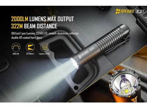 Speras E21 lommelykt i titanium legering 2000lm / 322 meter kastelengde 