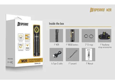 Speras M2R hode/lomme/arbeidslykt 1200lm / 125 meter kastelengde 