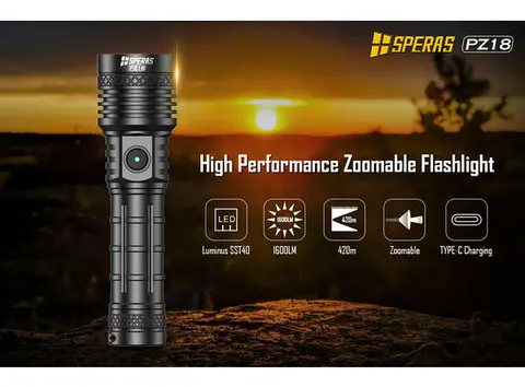 Speras PZ18 lommelykt med zoom 1600lm / 420 meter kastelengde 