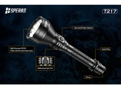 Speras T217 lommelykt i praktisk koffert 1400lm / 1400 meter kastelengde 