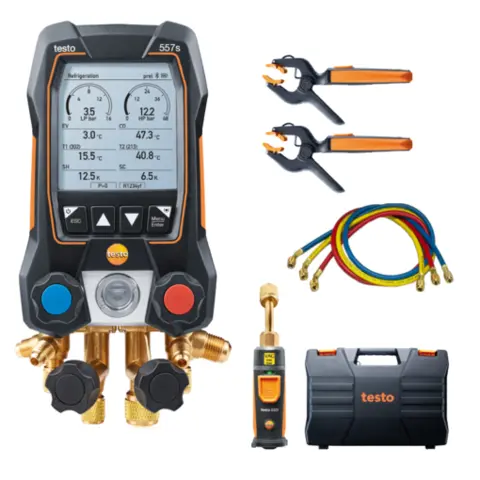 testo 557s – Varmepumpe sett, 4 veis ventilblokk, kjølemiddelvekt og ventil 